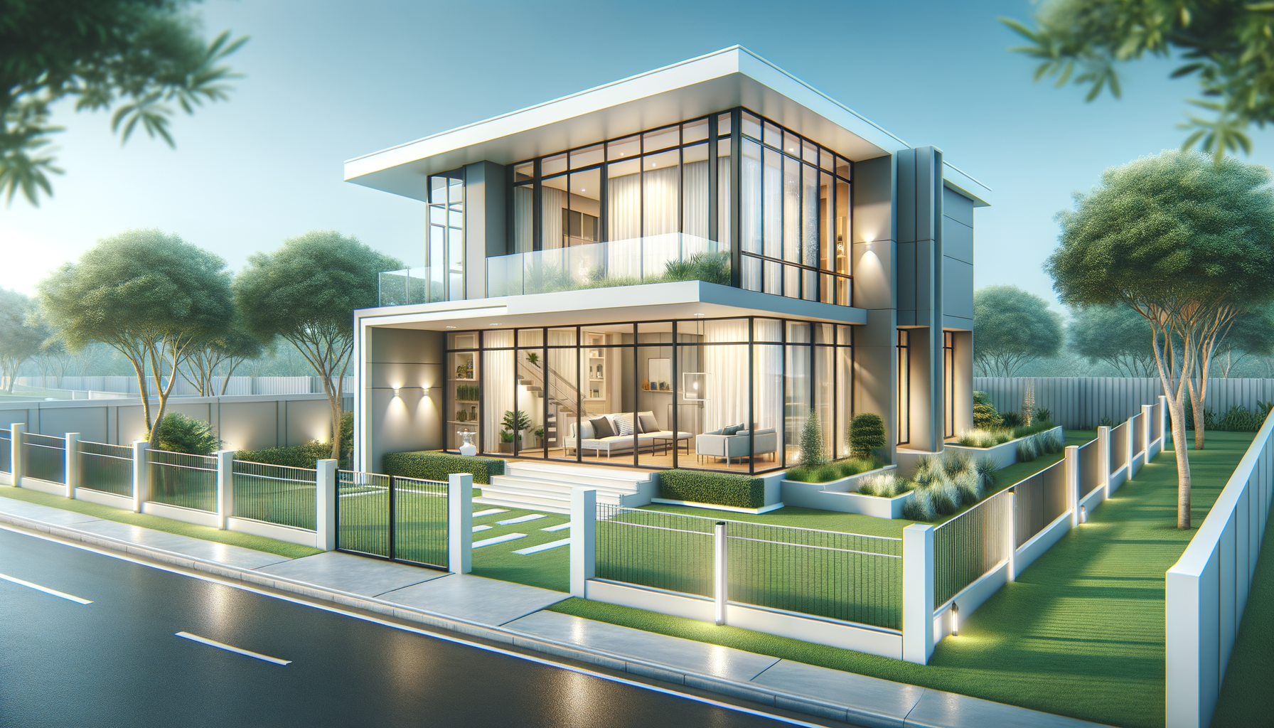 Modern two-story house with large glass windows, surrounded by green lawn and trees, fenced backyard, and driveway, during daylight.