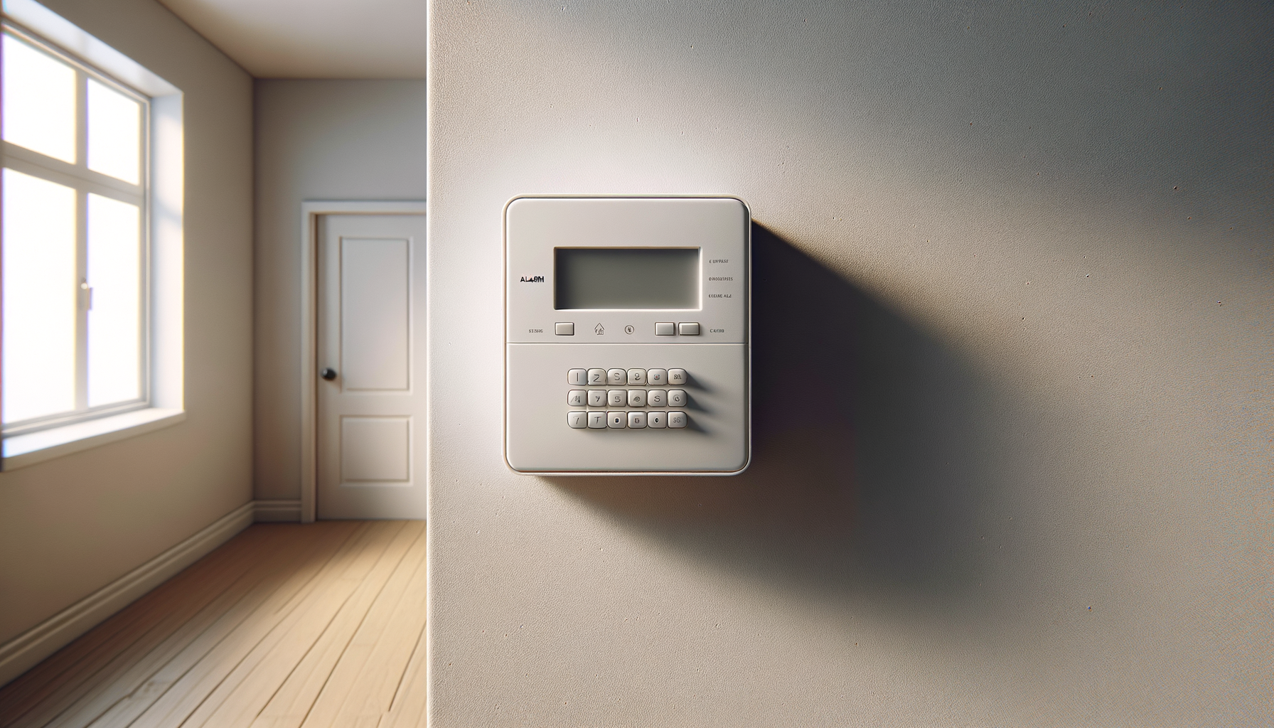 Interior of a house with a window, door, and an electronic security panel on the wall, casting a shadow.