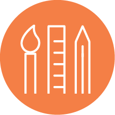 Icon of a candle, ruler, and pencil on an orange background