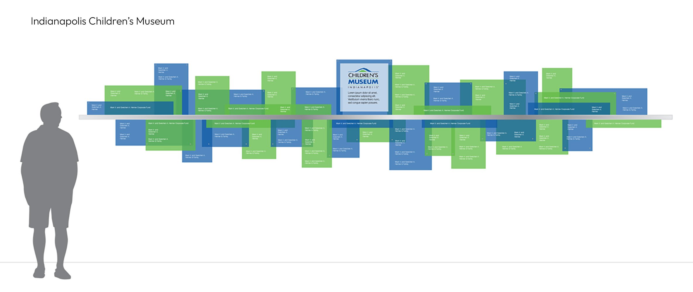 Silhouette of a person standing next to a colorful graphical timeline at the Indianapolis Children's Museum.