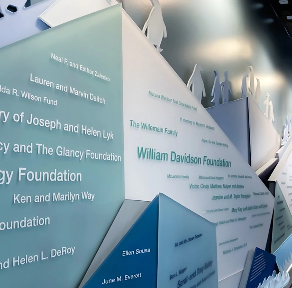 A display wall featuring various charitable foundations and family donations, including the William Davidson Foundation and the Marana Webster Tosa Charitable Fund, with paper cutout figures of people hanging on top.