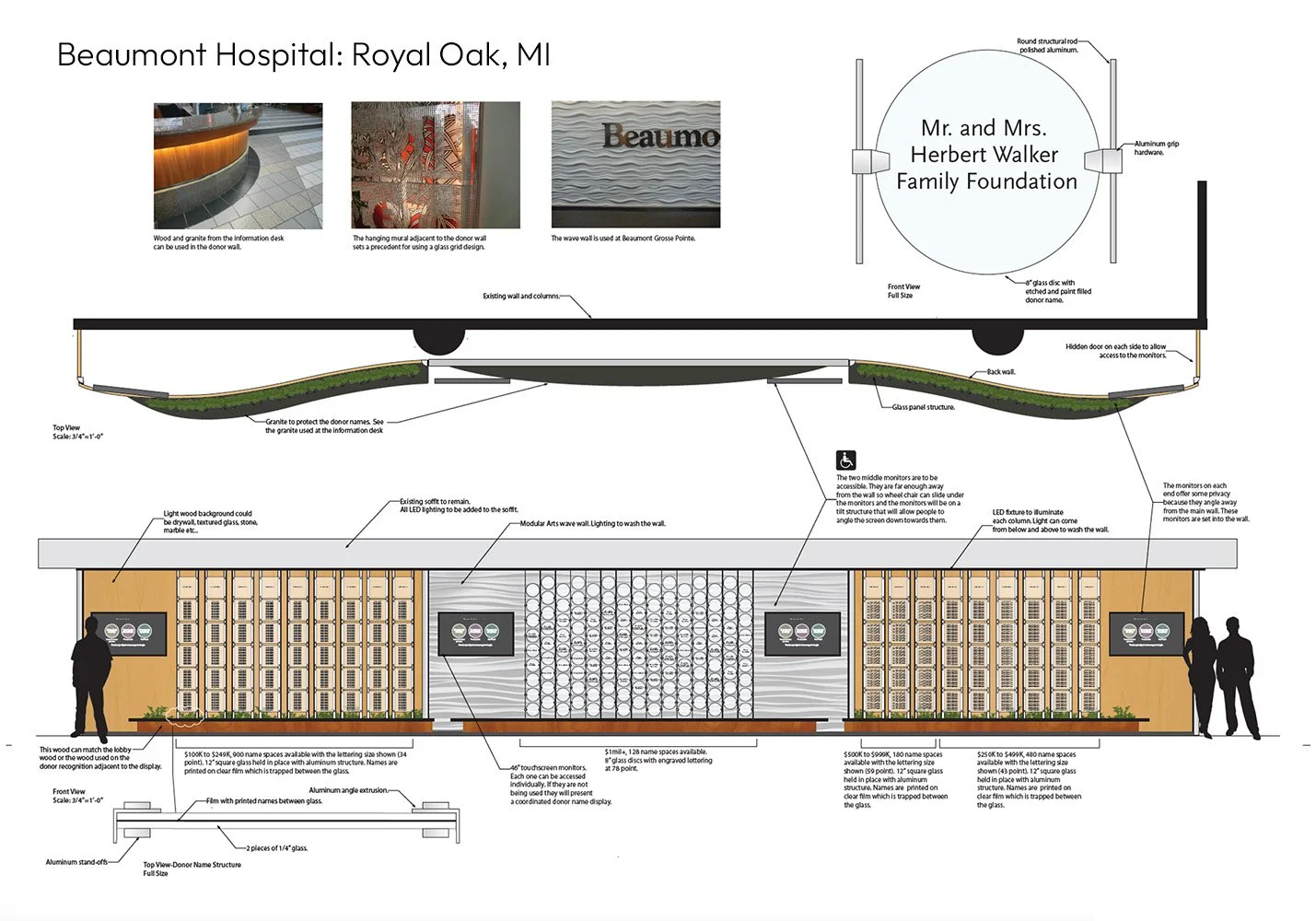 Architectural design plan for a donor recognition wall at Beaumont Hospital, Royal Oak, MI, including layout, materials, and lighting features.