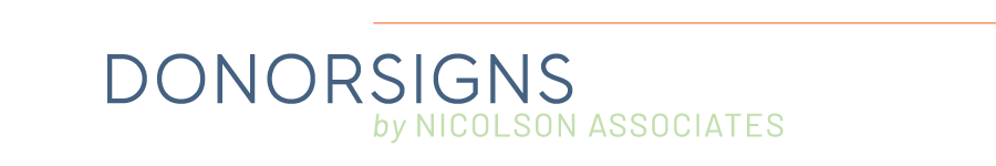 Donorsigns logo with black background and orange line at the top, featuring blue text for 'DONORSIGNS' and green text for 'by NICOLSON ASSOCIATES'.
