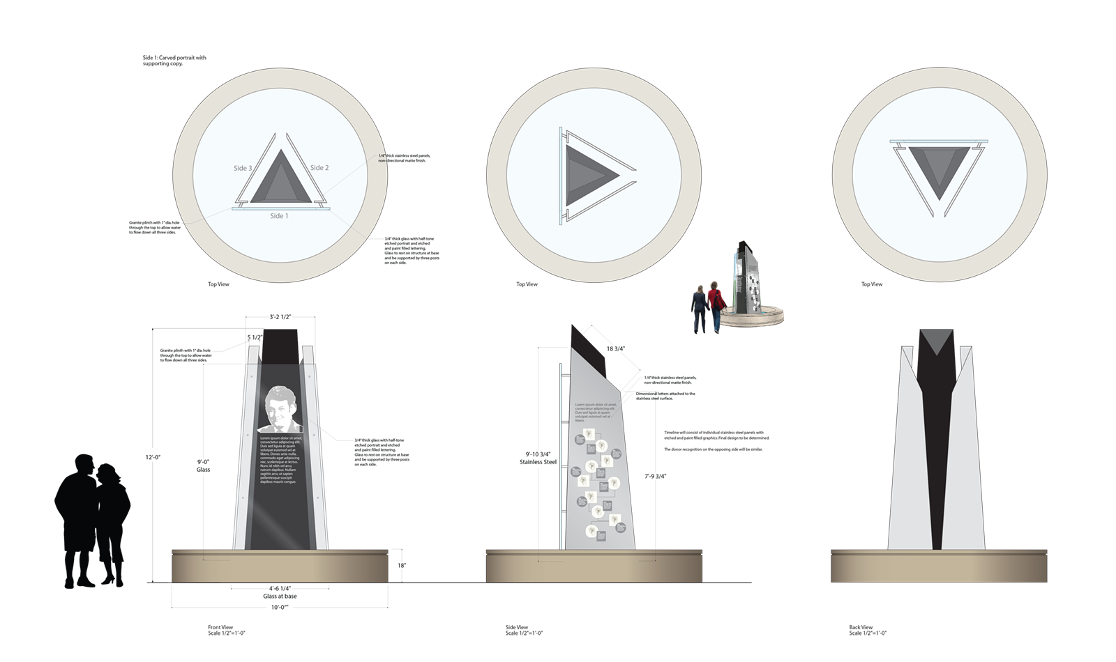 Technical drawing of a memorial tower with front, side, and back views, including measurements, design details, and an illustration of two people observing the monument.