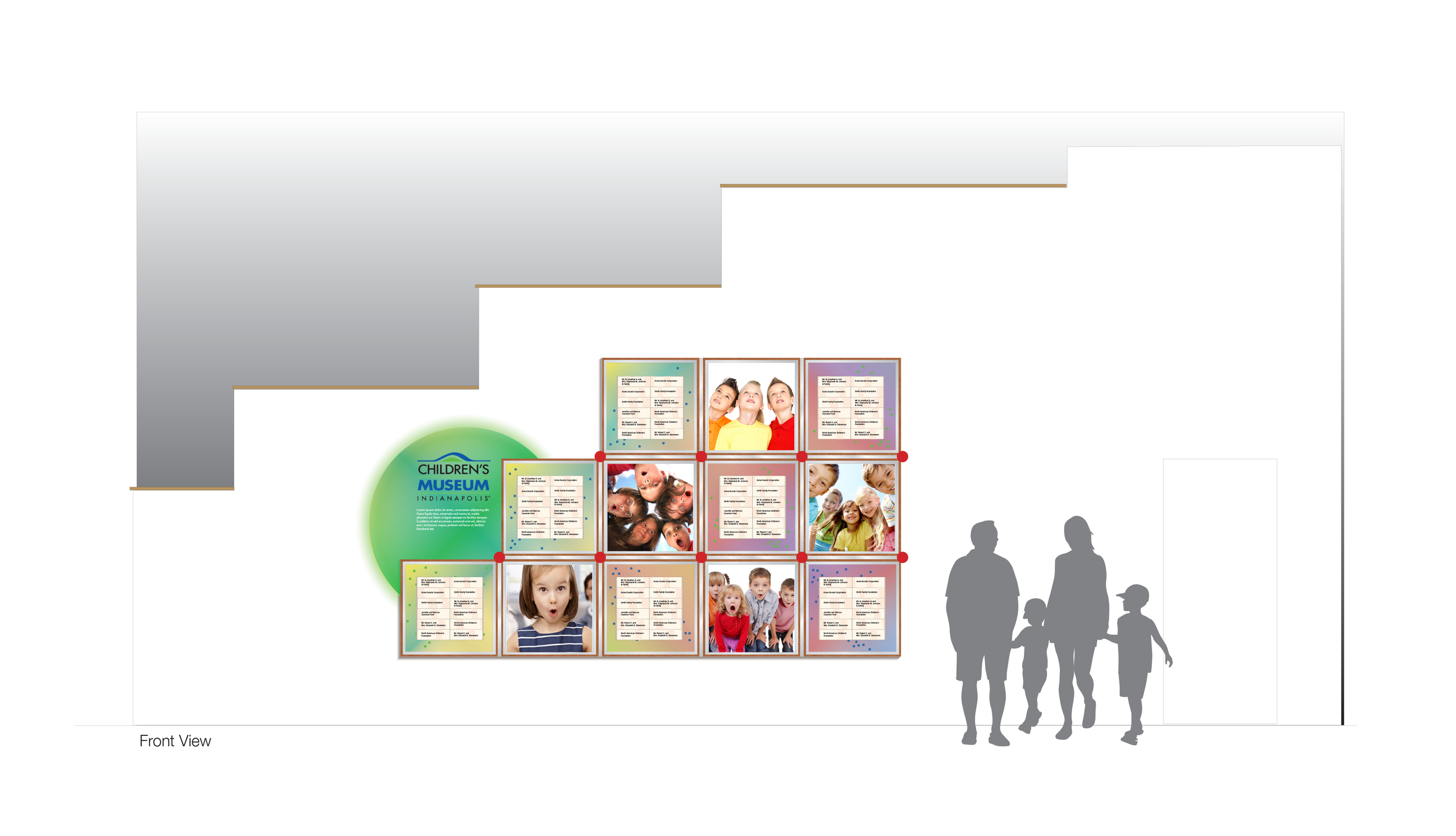 Design plan for Children's Museum Indianapolis showing an entrance display with photos of children and a green circle logo, along with silhouettes of a family walking past.