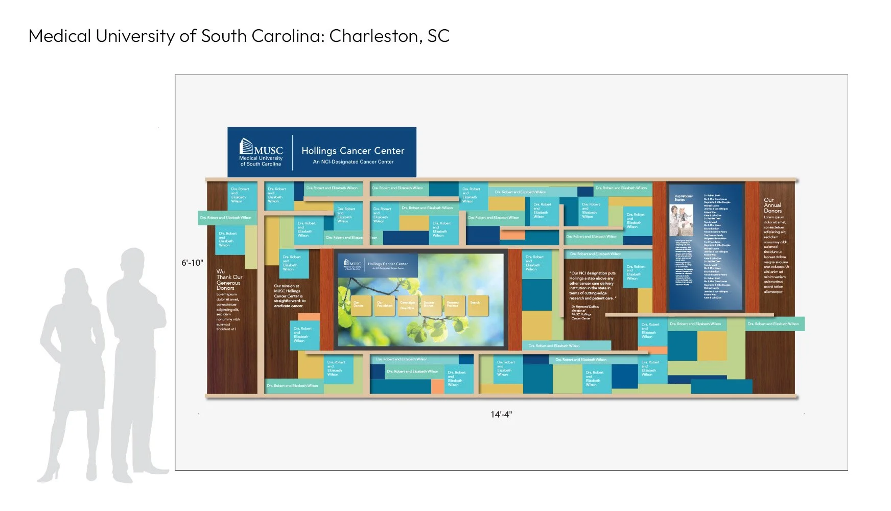 Wall display at Hollings Cancer Center, Medical University of South Carolina, featuring informational panels, donor acknowledgments, and a central digital screen, with fire extinguishers on either side.