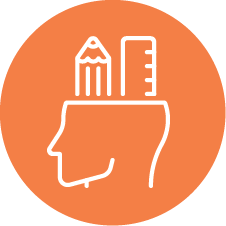 A simple line drawing of a human head with a pencil, ruler, and paper inside, on an orange circular background.