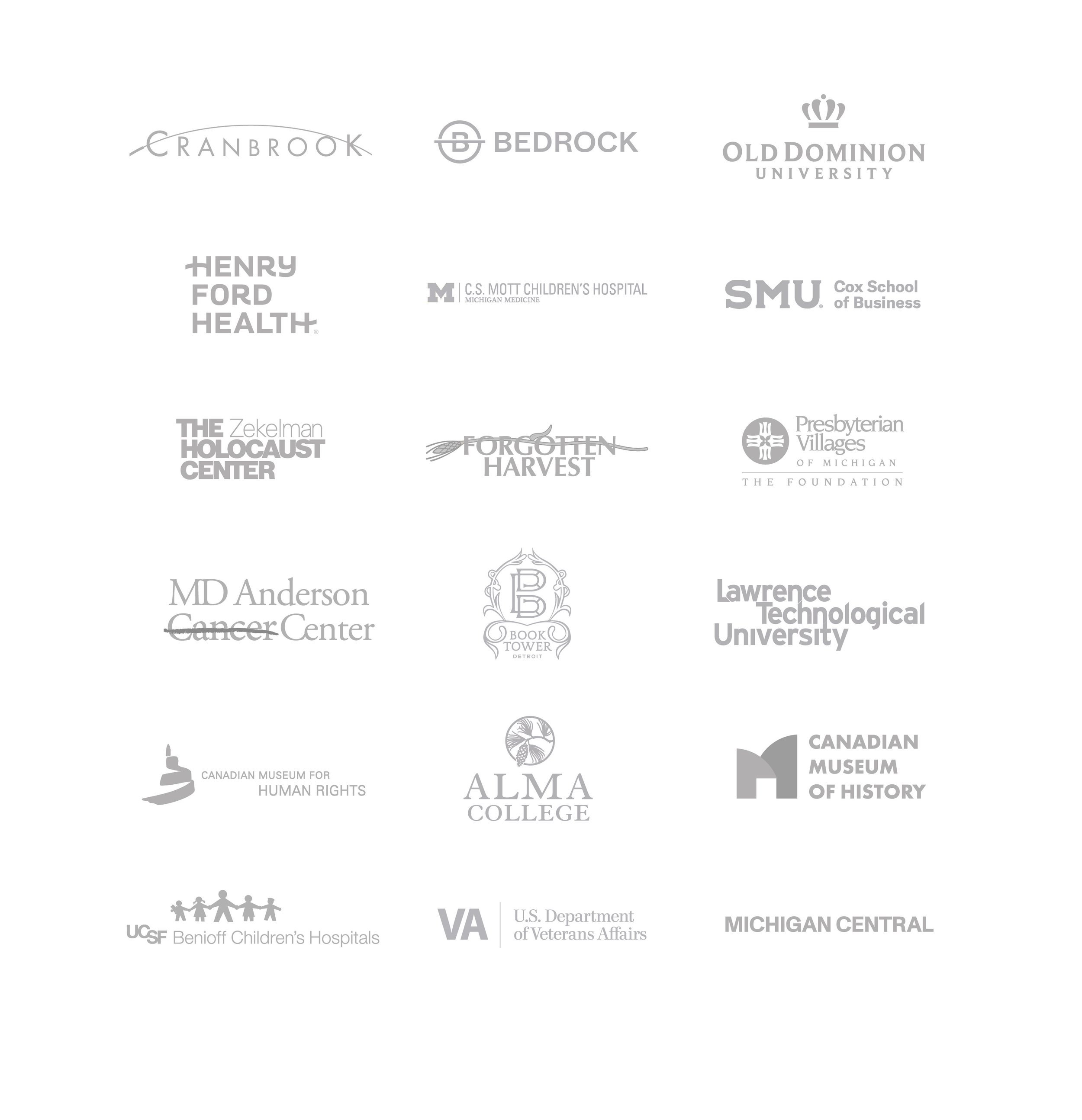 A collection of grayscale logos of various educational, medical, cultural, and government organizations and institutions.