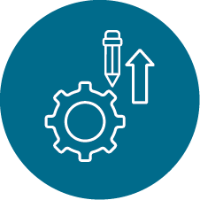 Icon representing settings or configuration with a gear, a screwdriver, and an upward arrow