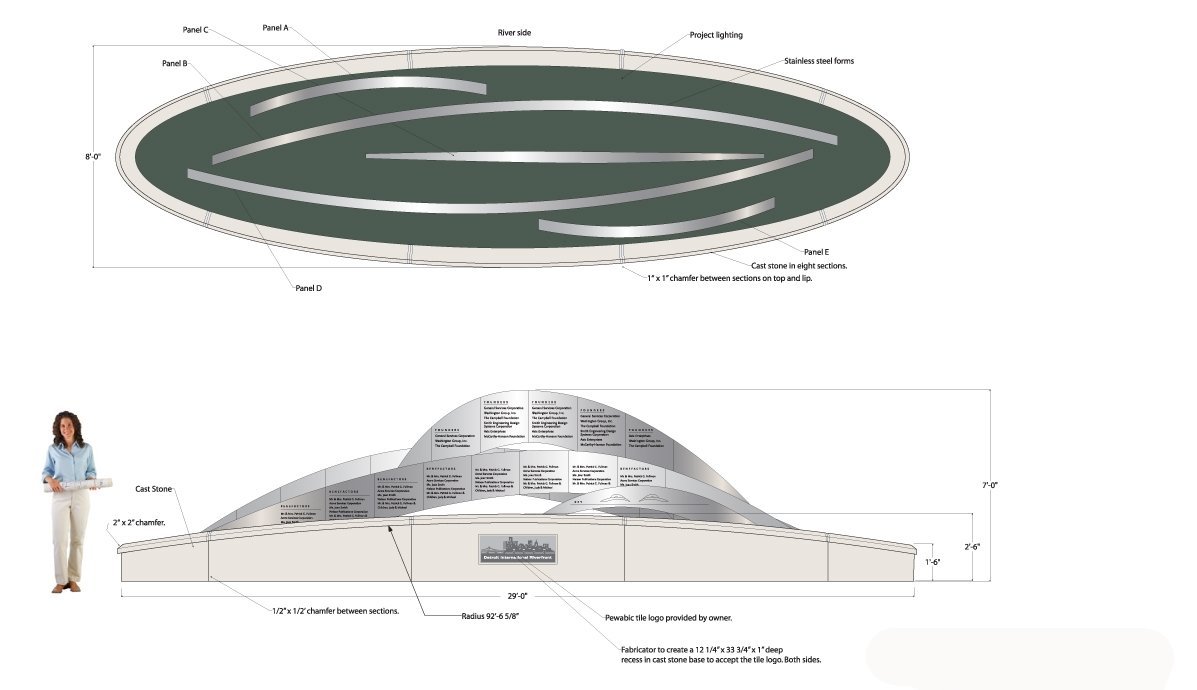 Architectural plan of a circular memorial with multiple panels, cast stone sections, and project lighting, including a side view with detailed dimensions and inscriptions for the panels.