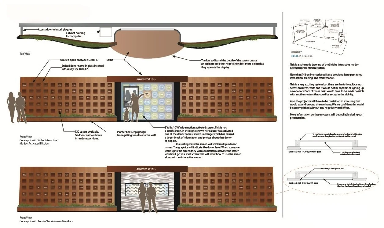 Diagram of a memorial display system with a brick wall containing numerous small compartments for donor names, an interactive screen for viewing donor information, and schematic drawings of the motion-activated display mechanism. The layout includes 