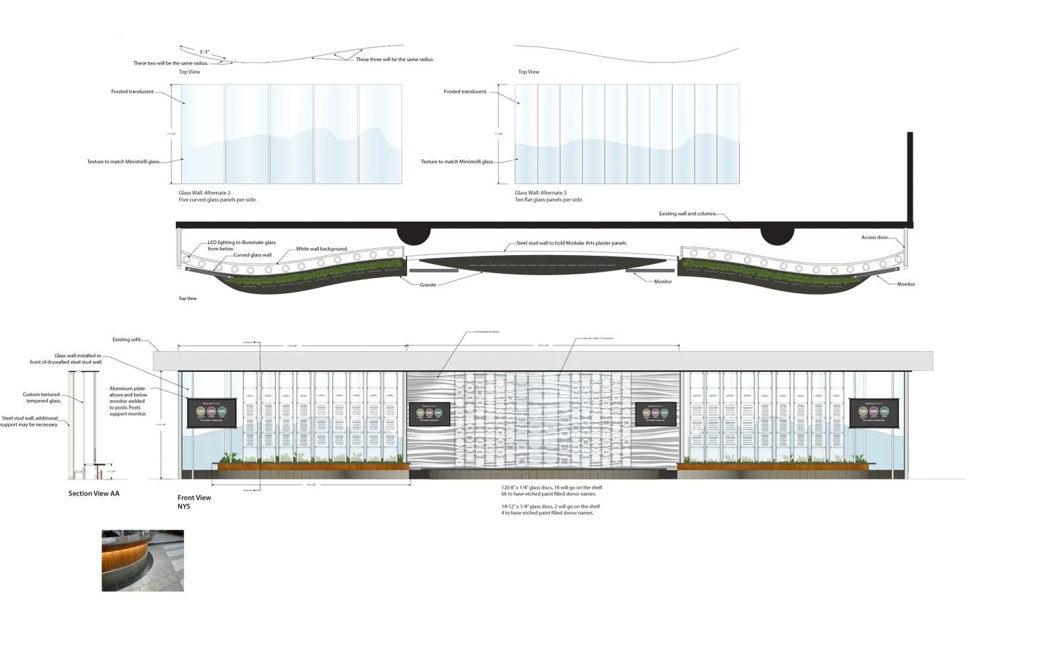 Architectural design plan for a building interior with glass walls, lighting, monitors, and seating areas, including cross-sectional and front elevation views.