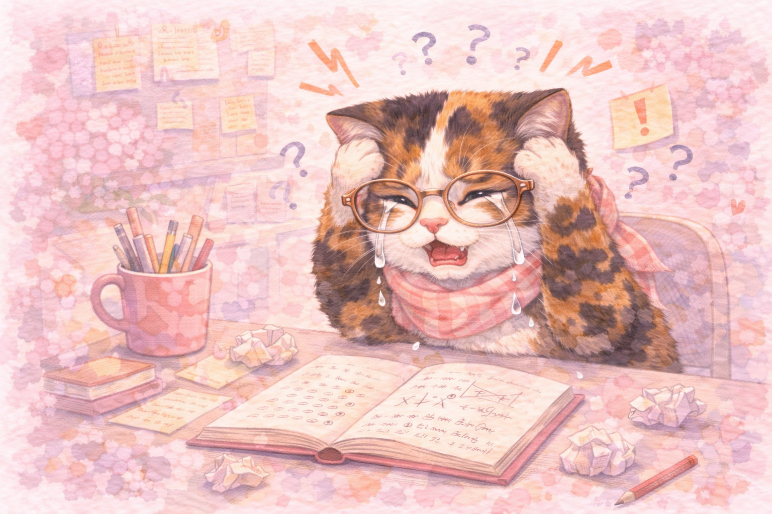 Watercolor of a stressed student cat needing last minute assignment help. Anytime Office Hours provides on-call academic support for K–12 students struggling with complex homework.