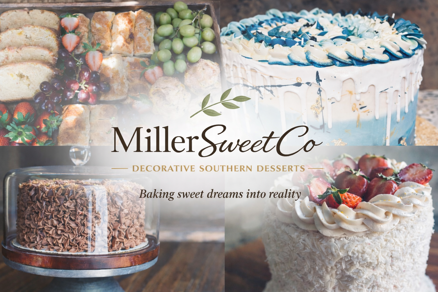 Decorative desserts including a cake with white and blue icing, a cake with chocolate frosting, a cake topped with strawberries, and a tray of assorted baked goods with strawberries and grapes, branded with 'Miller Sweet Co' and the slogan 'Baking sweet dreams into reality'.