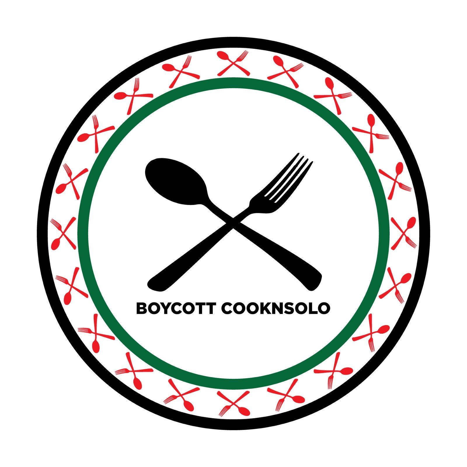 Boycott CookNSolo logo featuring a fork and knife over the words BOYCOTT COOKNSOLO with a border of small forks and knives, all enclosed in a circle