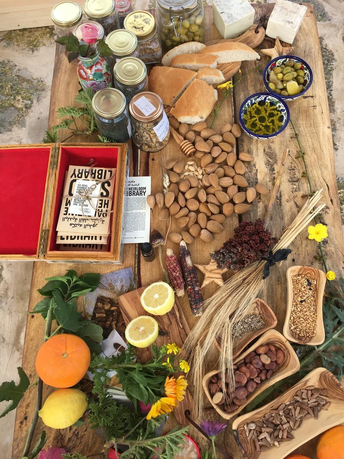 Image courtesy of Vivien Sansour, shows a table from above with nuts, herbs, lemons, oranges, olive oil