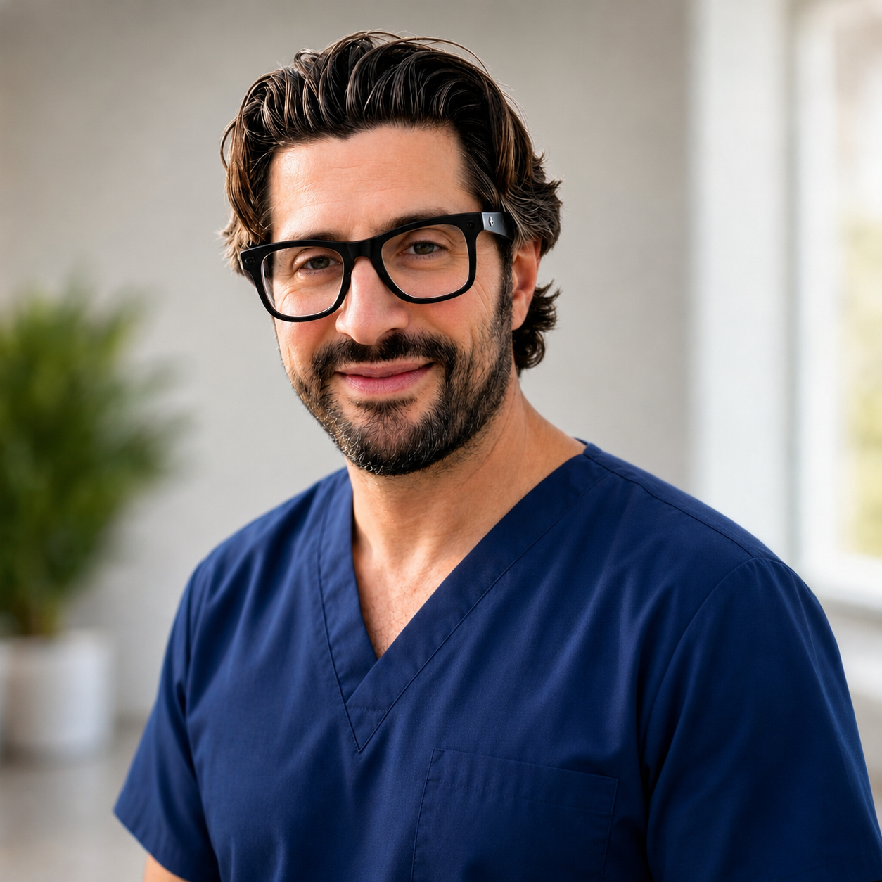A man with dark curly hair, glasses, and a beard, wearing a black sweater, sitting indoors near a potted plant.
