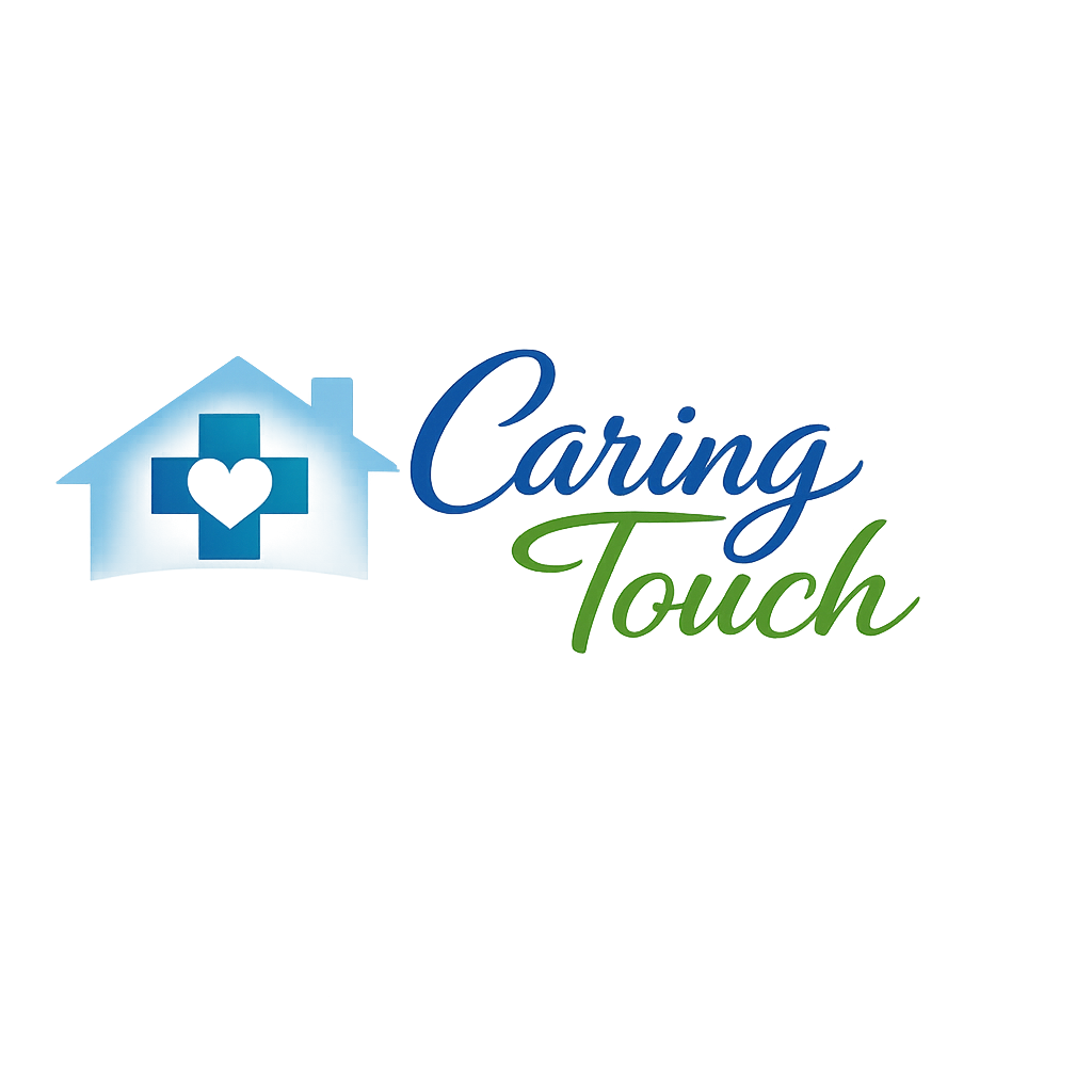 Caring Touch logo with a blue house featuring a medic cross and heart, and the words "Caring" in blue and "Touch" in green.