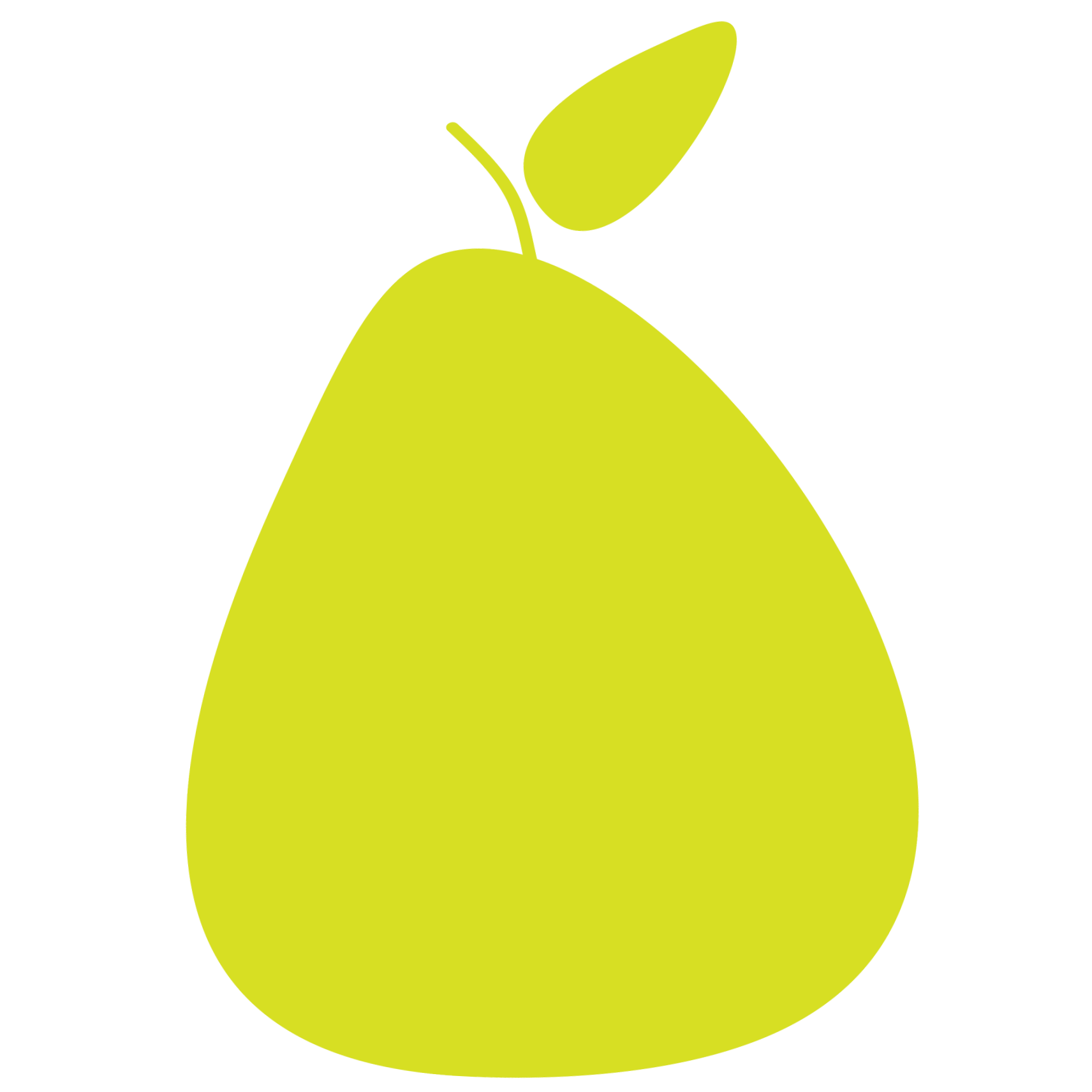 Green stylized pear with a leaf on a black background.