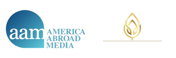 A logo featuring a large blue circle with the text 'AAM' and 'AMERICA AROUND MEDIA' beside it, followed by a gold flame icon, a red rectangle, and additional colored lines.