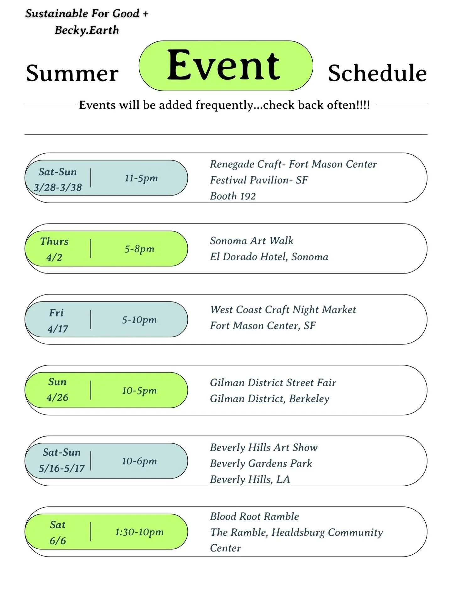 Check back often, there are so many amazing events happening this summer&hellip;
Here&rsquo;s what&rsquo;s coming&hellip;

Kicking it off this weekend @renegadecraft 

@renegadecraft @westcoastcraft @gilman.district @bhartshow @artwalk_sonoma 

#vend