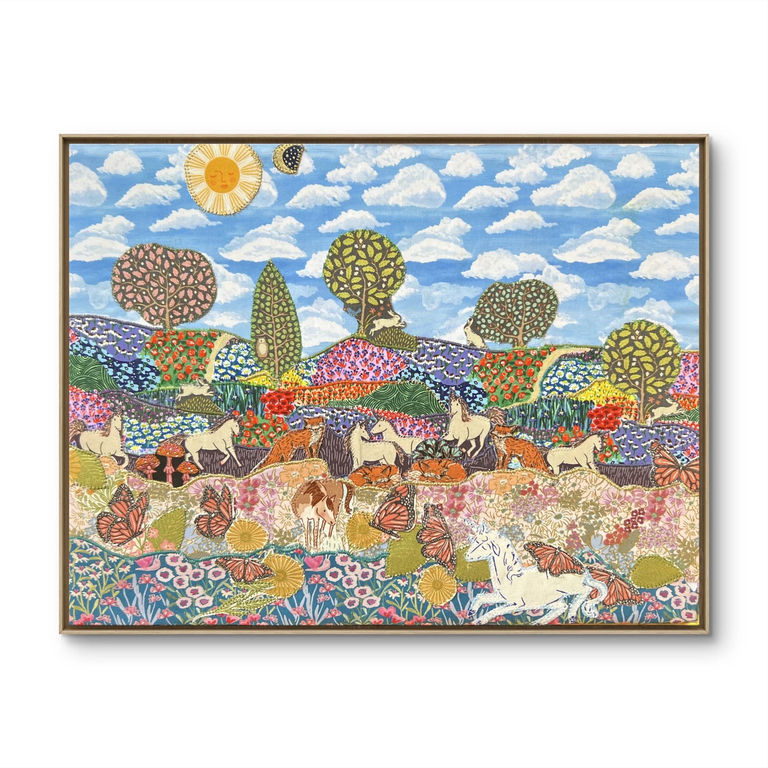 Colorful textile collage of a scenic landscape with trees, flowers, animals including horses, lions, butterflies, and a sunny sky with clouds.