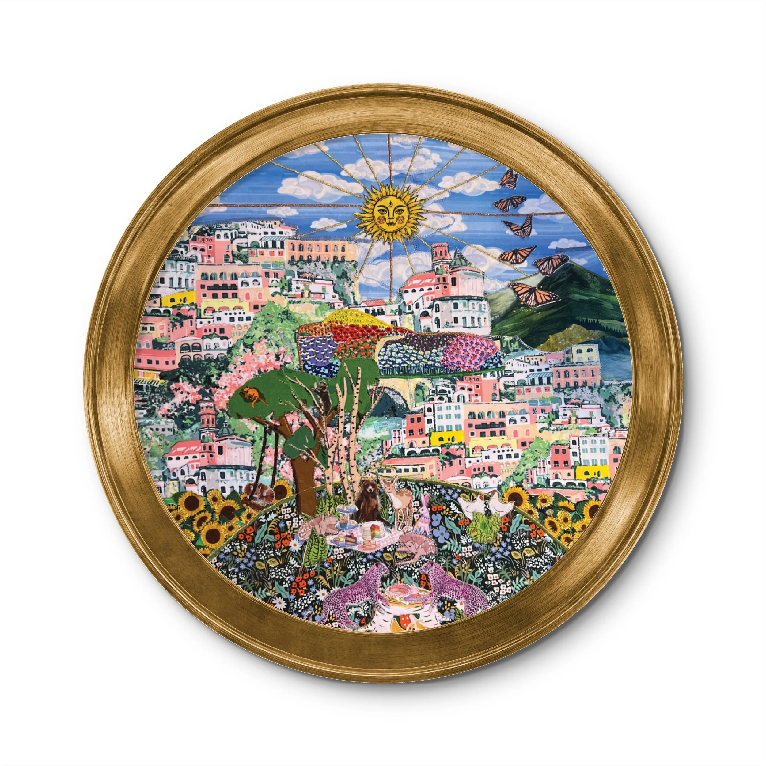 Colorful fabric collage of a hillside town with houses, trees, flowers, animals, and a smiling sun with rays extending outward, surrounded by butterflies.