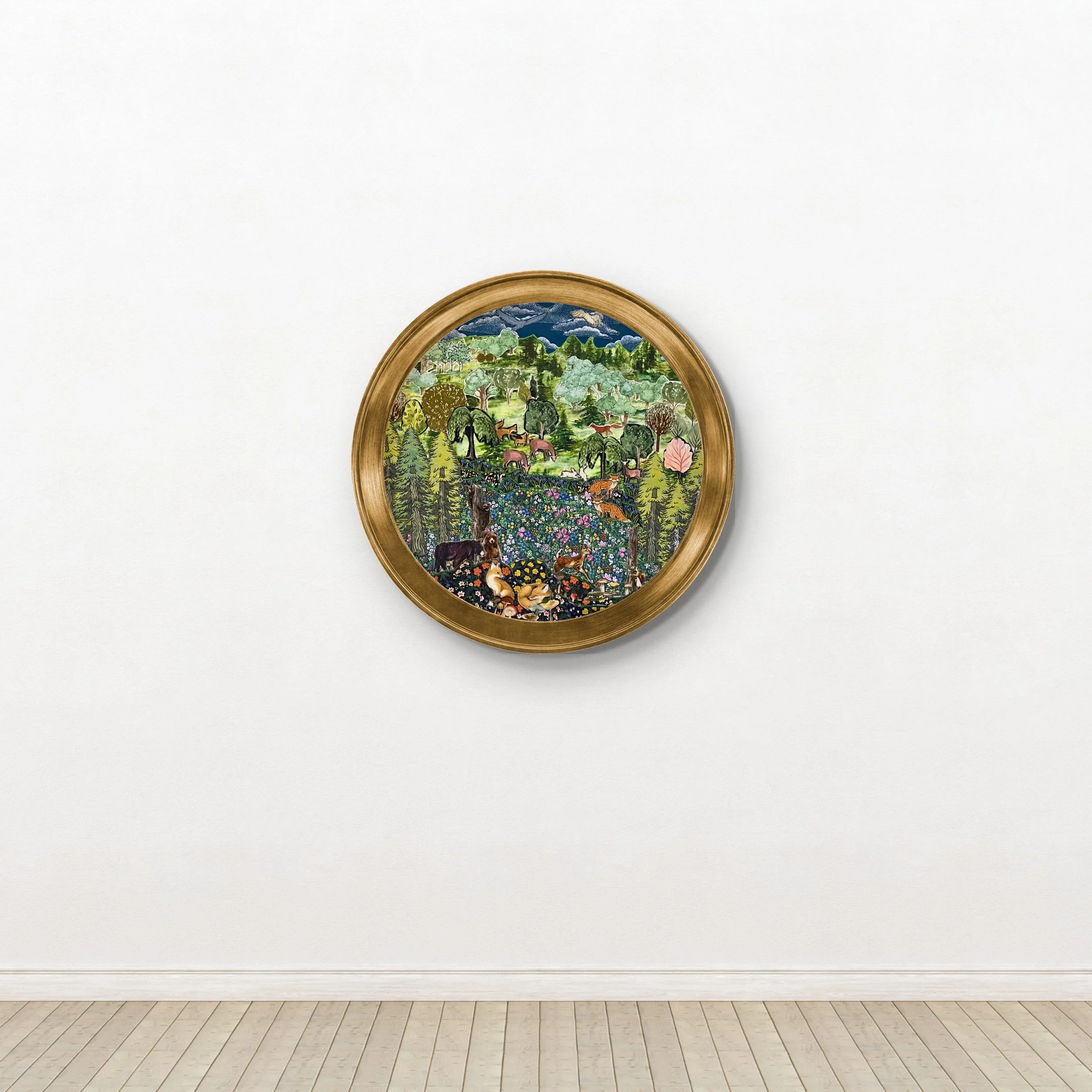 Colorful landscape textile collage with animals in a circular frame on a plain white wall.