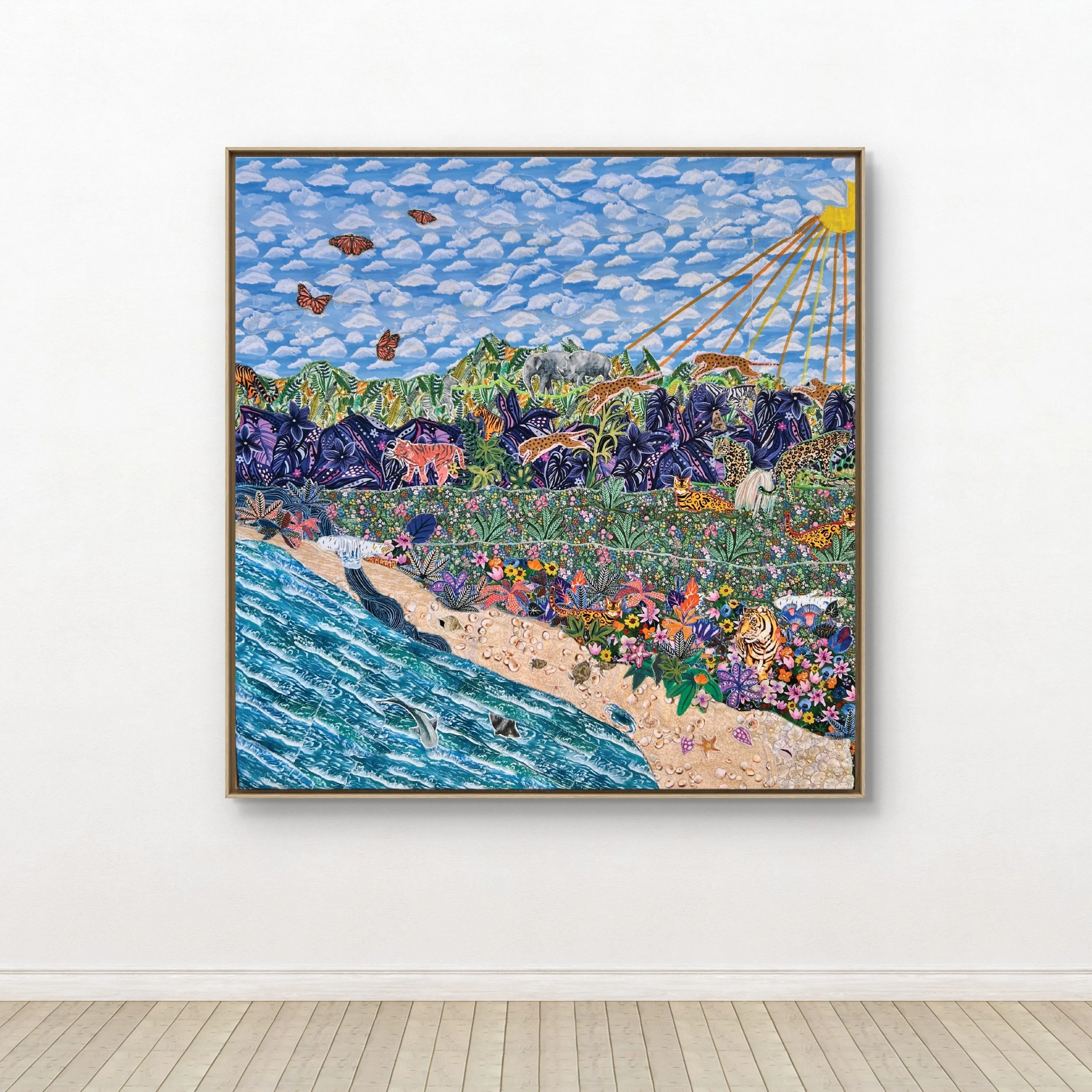 Colorful textile collage of a jungle scene with animals, flowers, and a river, under a partly cloudy sky with a sun. Animals include elephants, lions, leopards, zebras, and tigers.