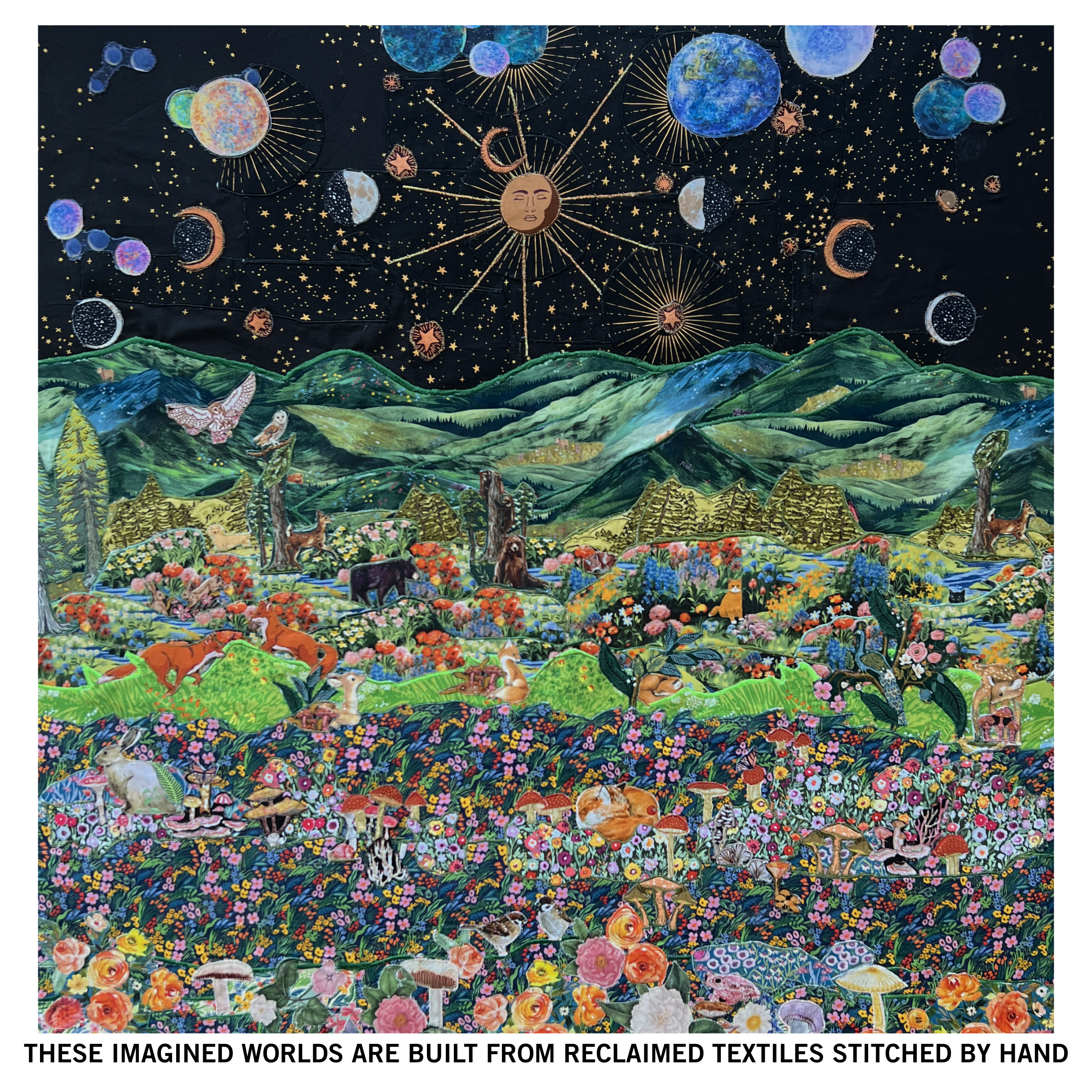 A vibrant, embroidered artwork depicting a fantastical landscape under a starry night sky with a moon and planet illustrations, lush green mountains, and a colorful, detailed field filled with animals, flowers, and trees, symbolizing harmony with nat