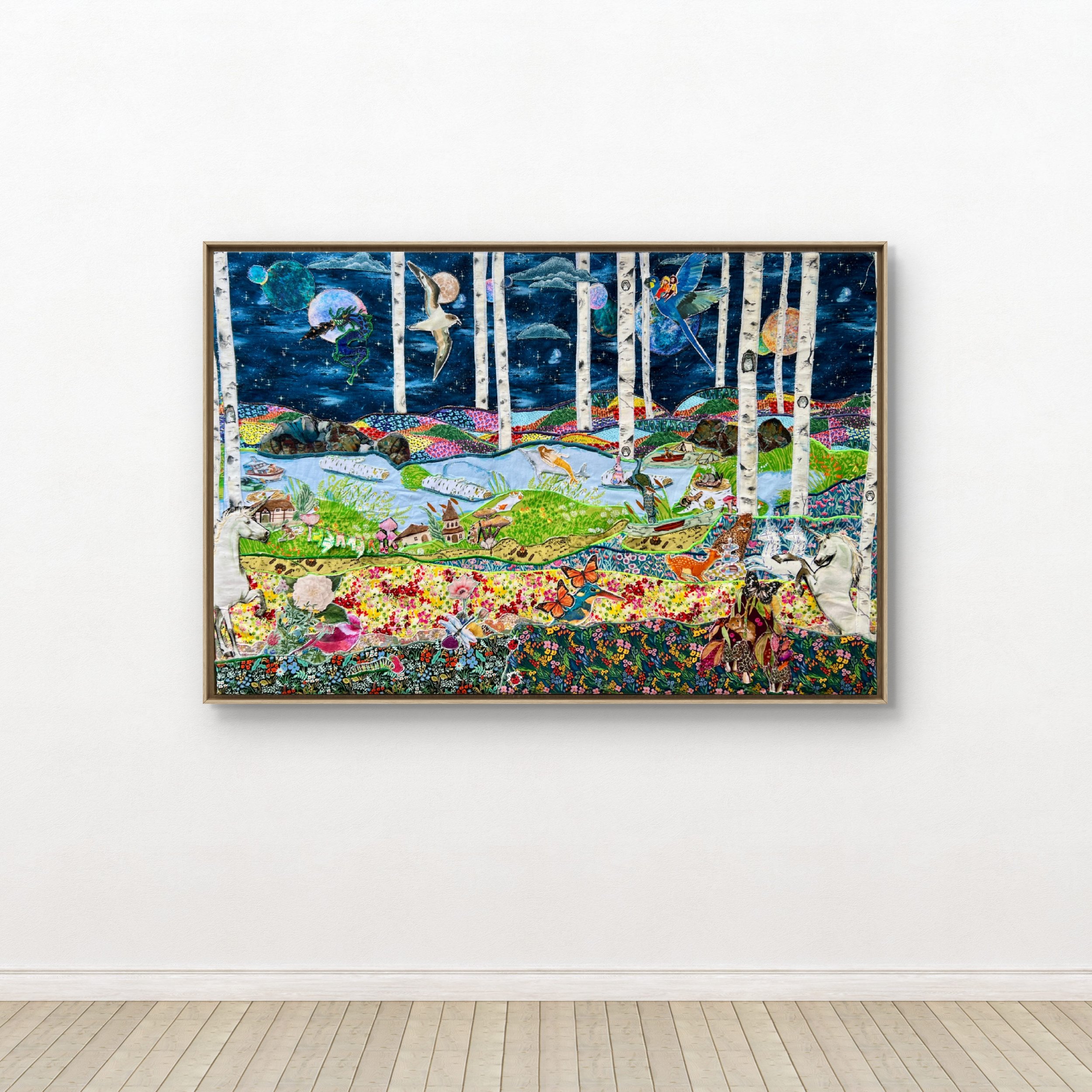 A colorful, detailed textile collage depicting a surreal landscape with animals, trees, flowers, and celestial bodies under a starry sky.