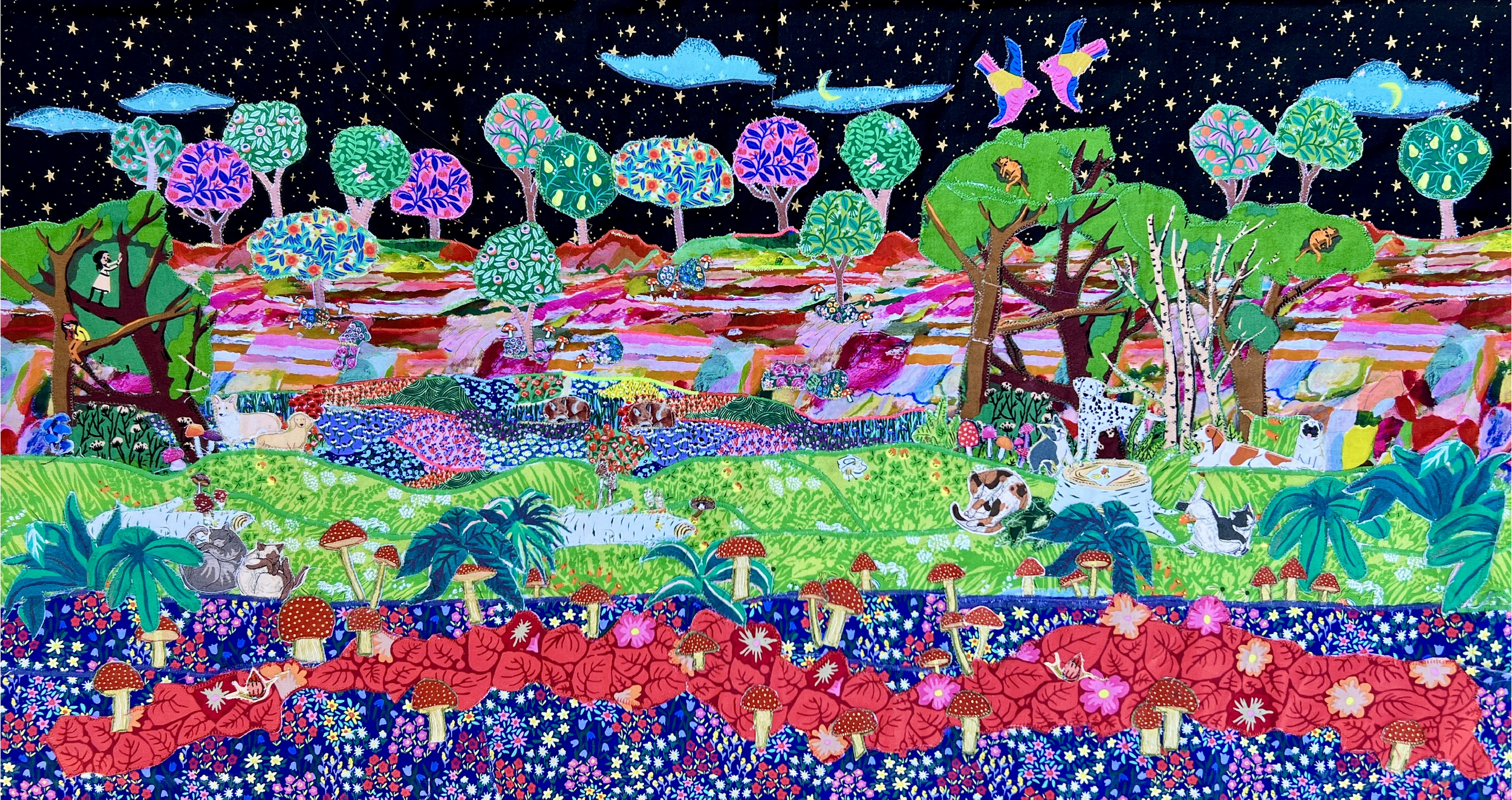A colorful, detailed artwork depicting a fantastical landscape with various trees, animals, mushrooms, and fantasy elements under a starry night sky. The scene includes playful animals, vibrant trees, and a textured, layered background with bright co