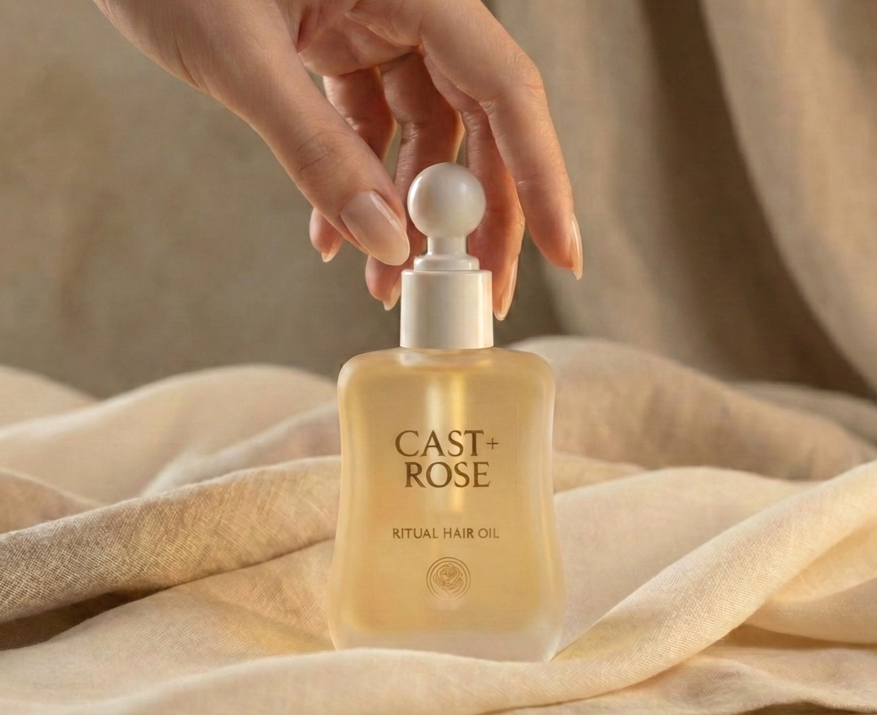 A hand holding a glass bottle of Cast + Rose Ritual Hair Oil with a spherical white cap, placed on a soft, beige fabric background.
