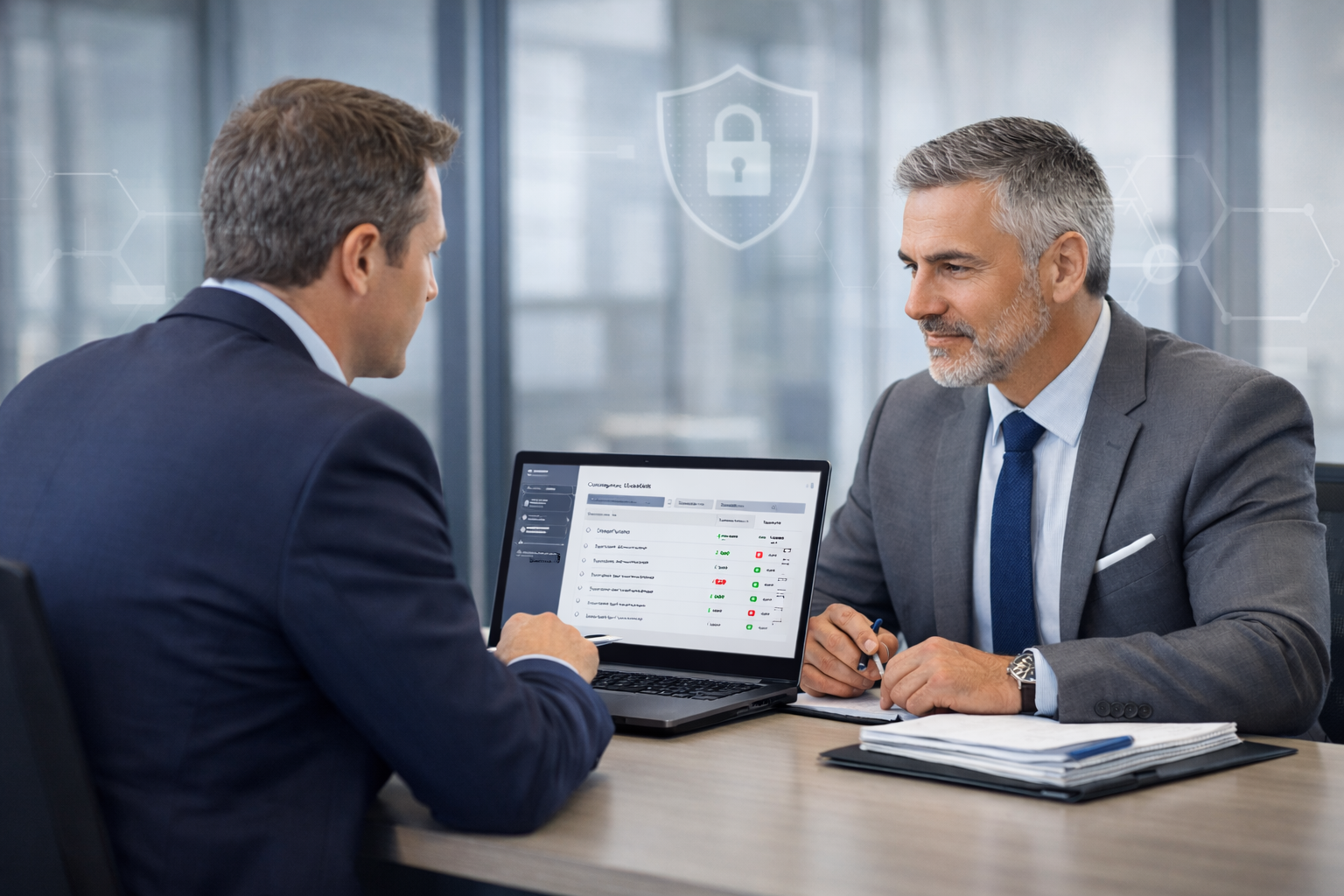 Prime contractor reviewing cybersecurity readiness evidence with DoD subcontractor leadership