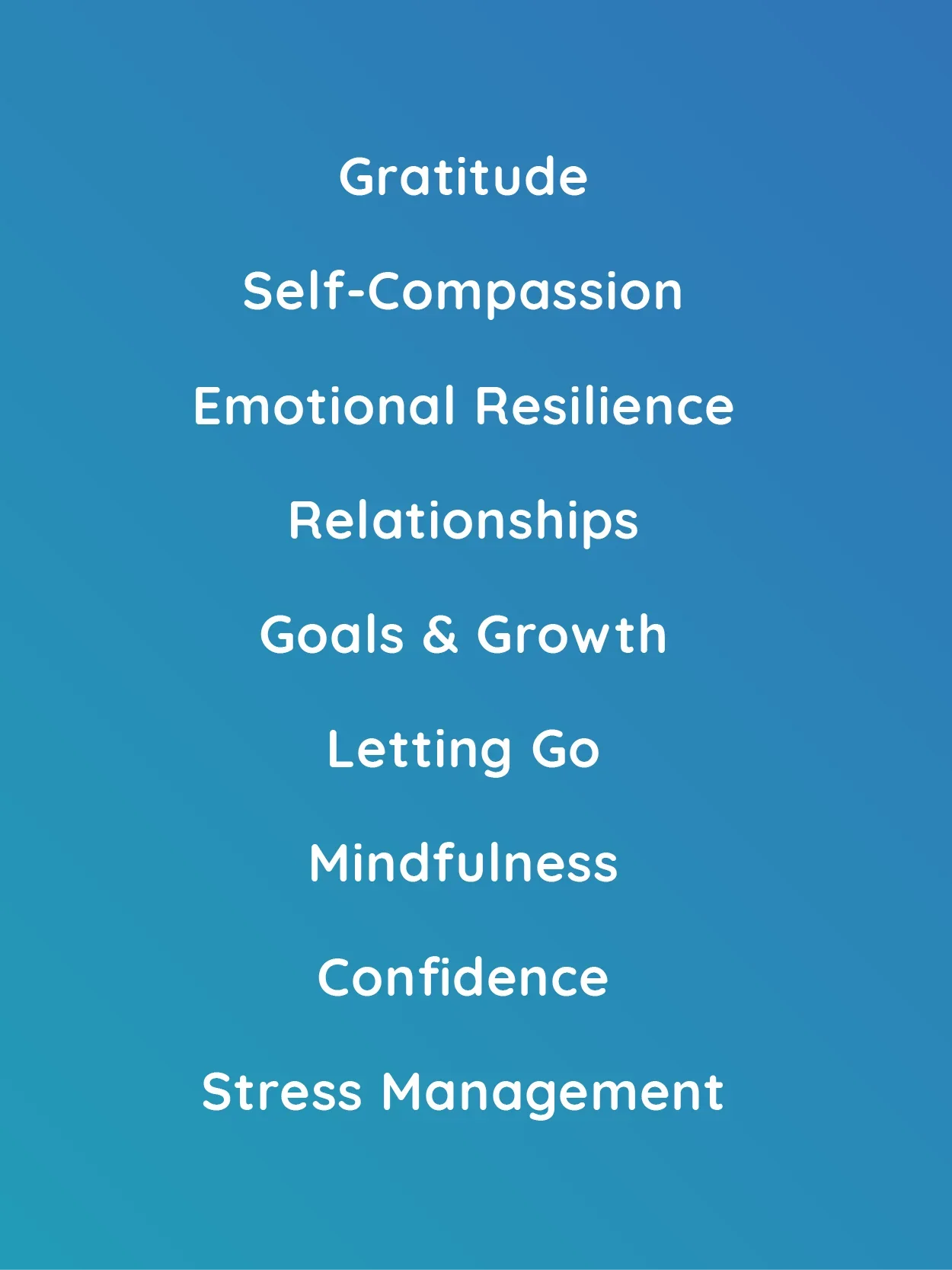  Nine Categories  
 Guided The prompts cover nine categories to serve a variety of personal goals, including gratitude, self-compassion, emotional resilience, relationships, goals & growth, letting go, mindfulness, confidence, and stress management. 