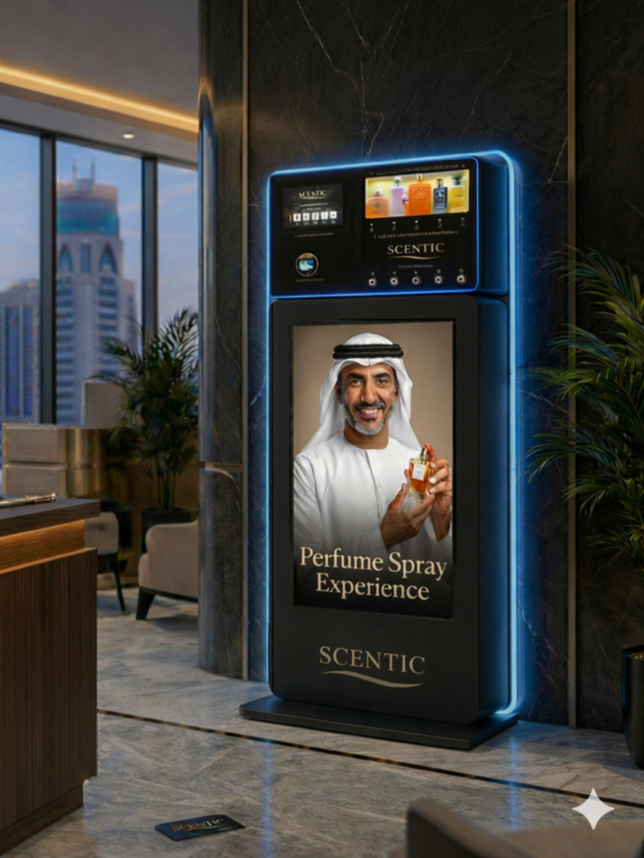 A perfume vending kiosk with digital screen and advertising for a perfume spray experience, located in a modern building with large windows and cityscape view.