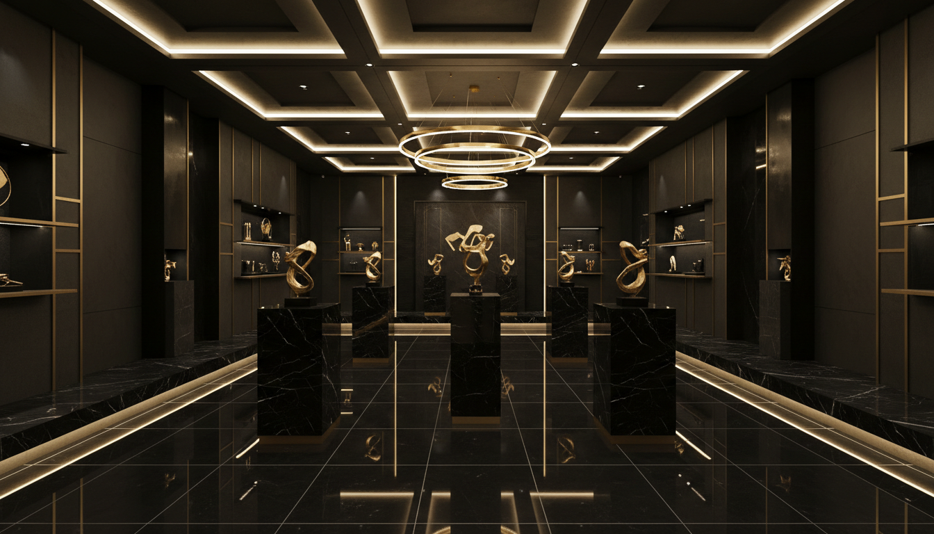 A luxurious gallery with black walls and floors, displaying gold sculptures on black pedestals, illuminated by circular ceiling lights.