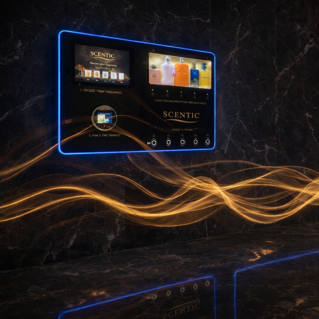 A digital display kiosk for selecting and purchasing scented perfumes, featuring colorful perfume bottles and instructions, with a black marble wall and glowing blue and orange light streaks in the background.