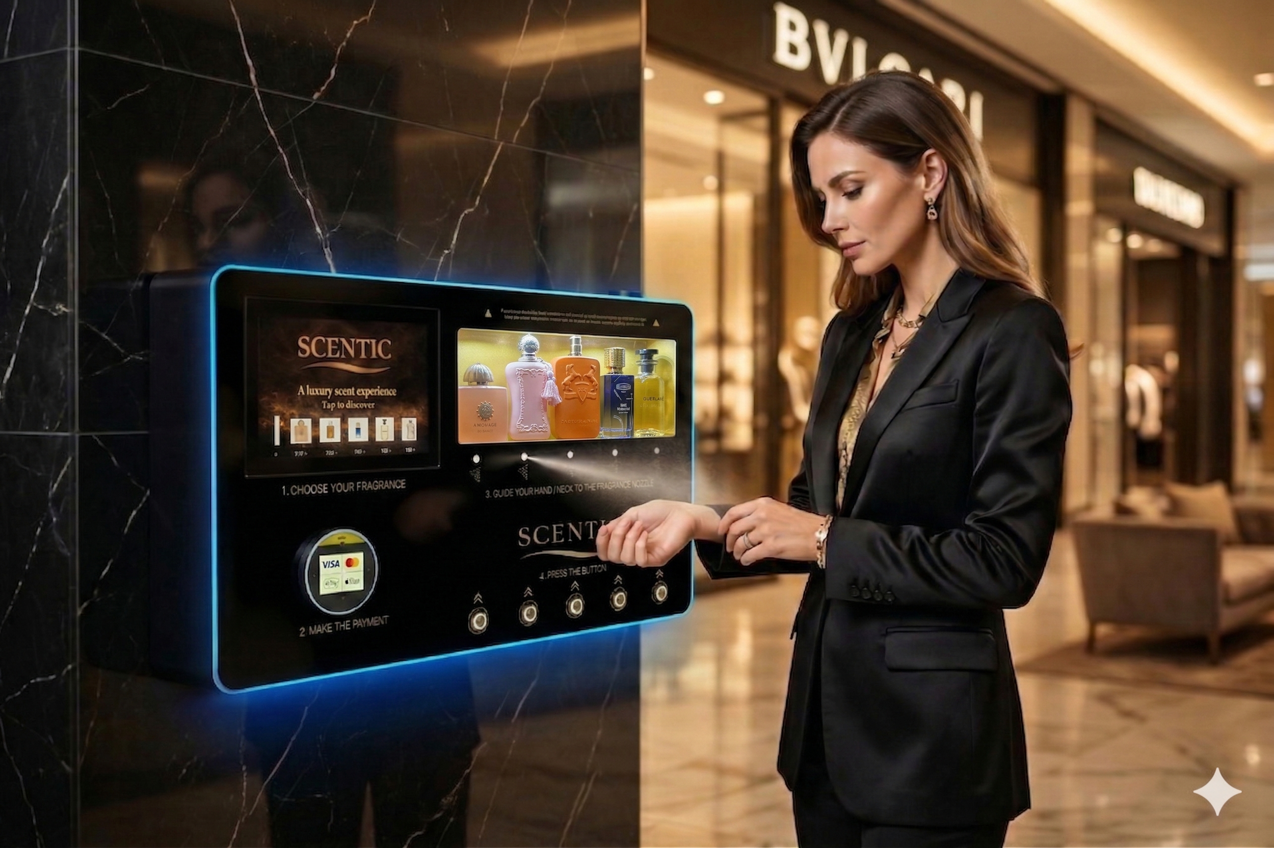 A woman in a black blazer using a digital fragrance vending machine in a shopping mall, with store signs in the background.