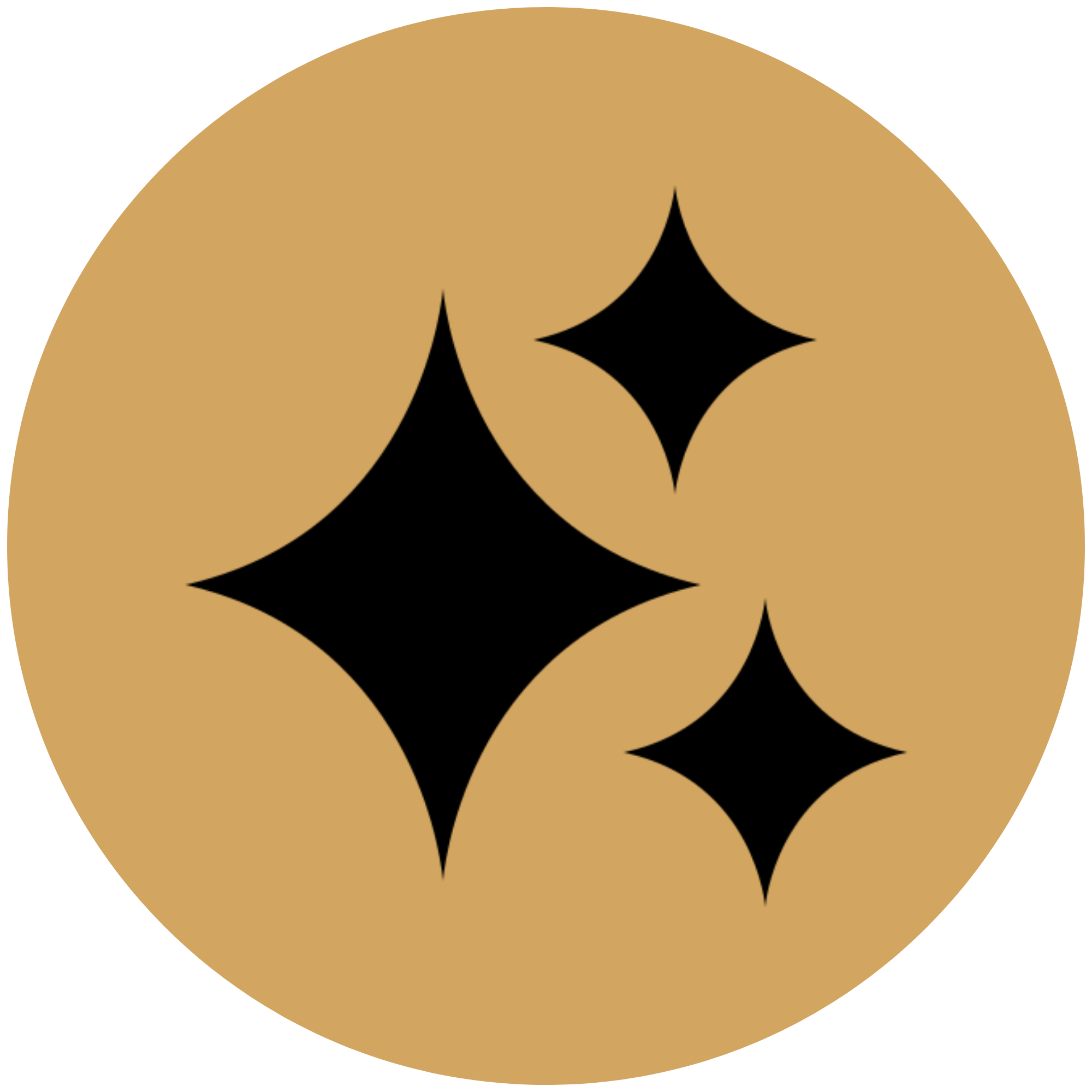 A circle with a beige background featuring three black star-shaped icons arranged in a cluster.
