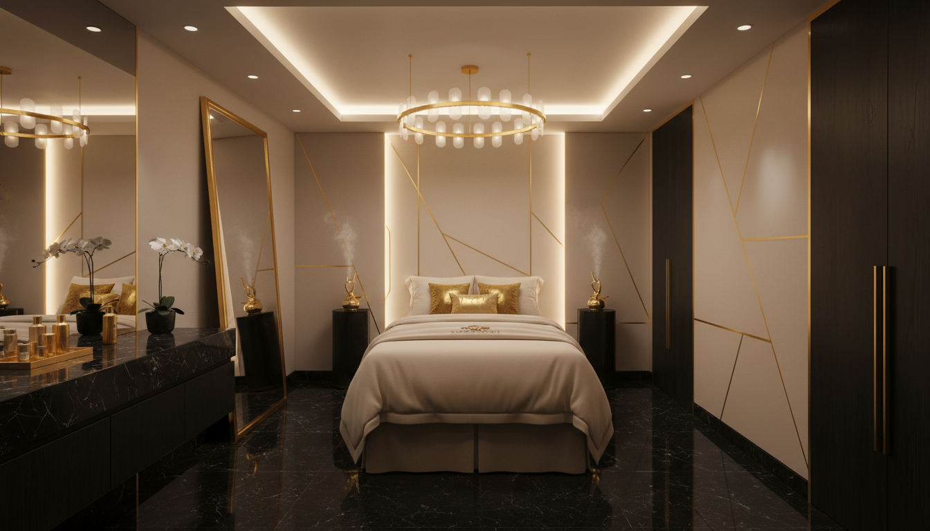 Elegant bedroom featuring a large bed with white bedding and gold pillows, black side tables with gold decorative objects, a black marble dresser with white orchids, and gold-trimmed mirrors. The room has modern lighting with a circular chandelier and recessed ceiling lights, and walls with geometric gold accent lines.
