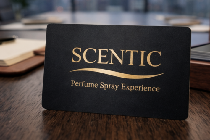 Black card with gold text reading "SCENTIC Perfume Spray Experience" on a wooden table.