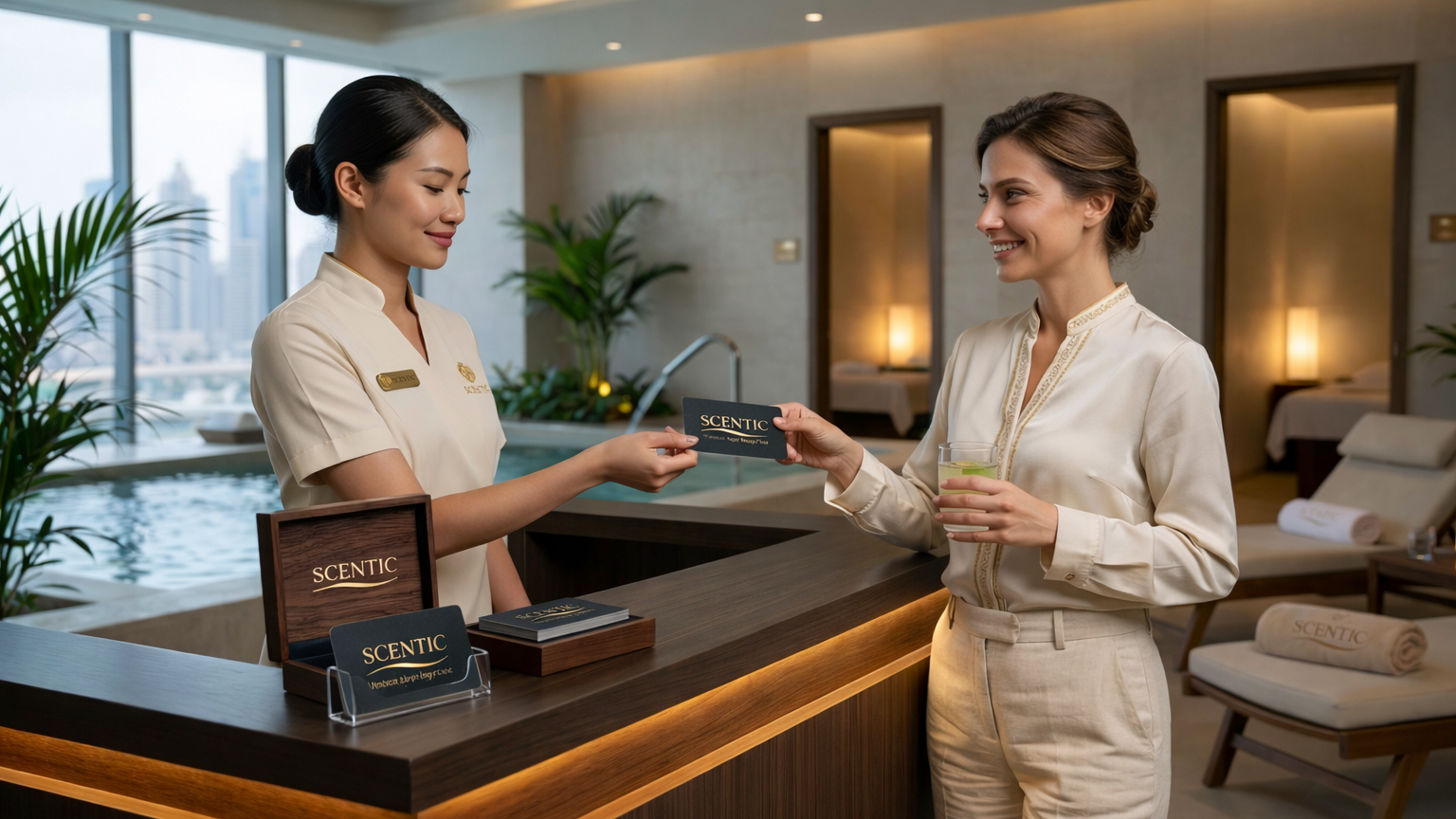 A woman at a spa check-in counter receives a membership card from a spa staff member in a luxurious spa resort with a hot tub and massage beds in the background.