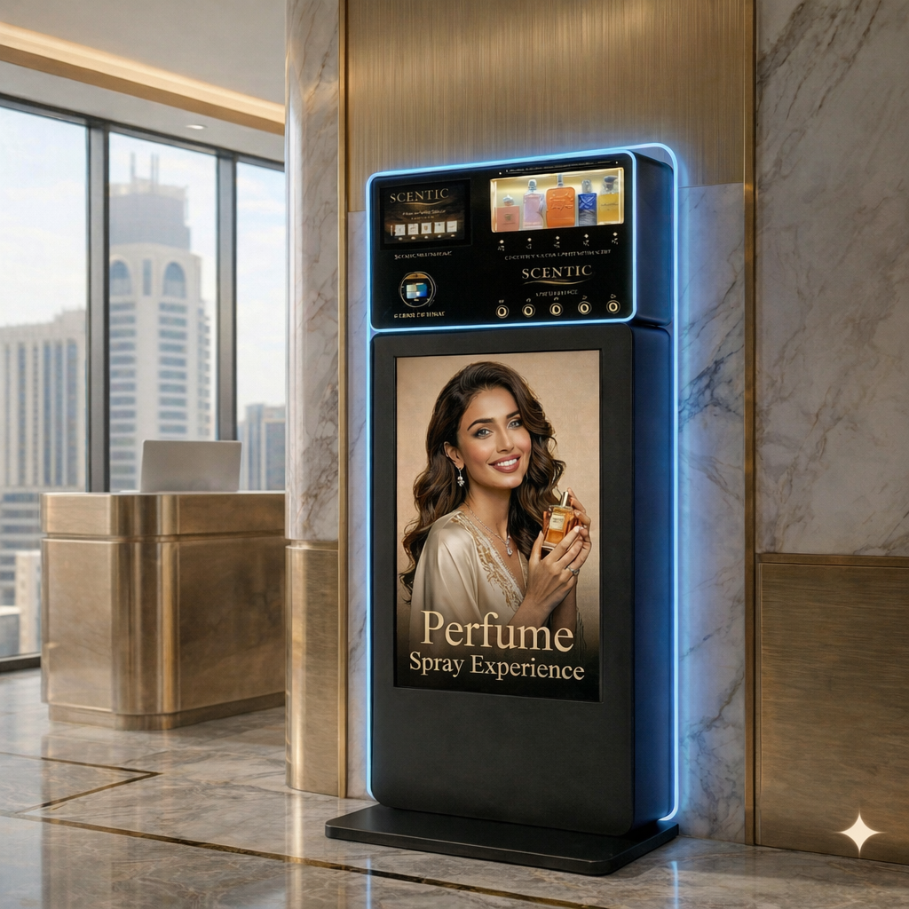 A perfume vending machine with an advertisement of a woman holding a perfume bottle, in a modern lobby with large windows and city buildings outside.