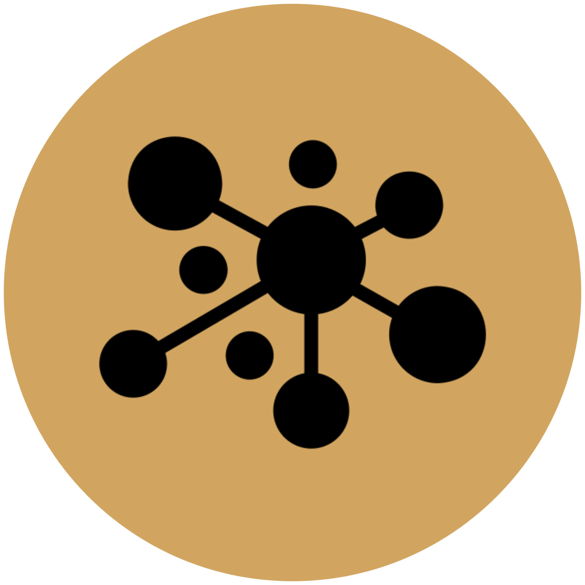 A graphic representation of a molecule with a central black circle connected to several other black circles of various sizes by black lines, set against a tan circular background.