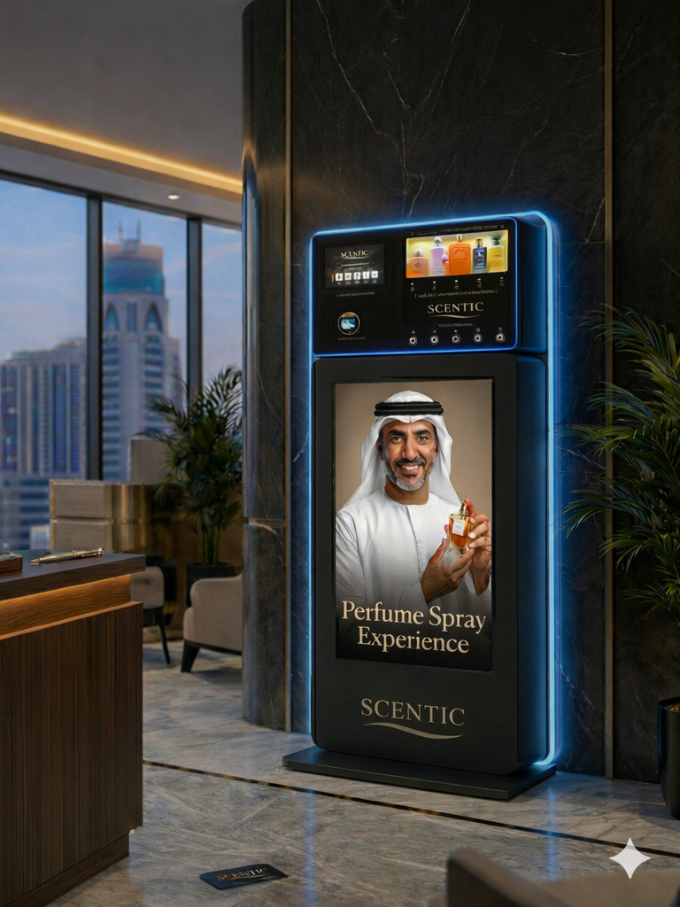 A digital display in a hotel lounge shows a man in traditional Middle Eastern attire holding a perfume bottle, advertising a perfume spray experience from SCENTIC. The background reveals large windows with city skyscrapers.