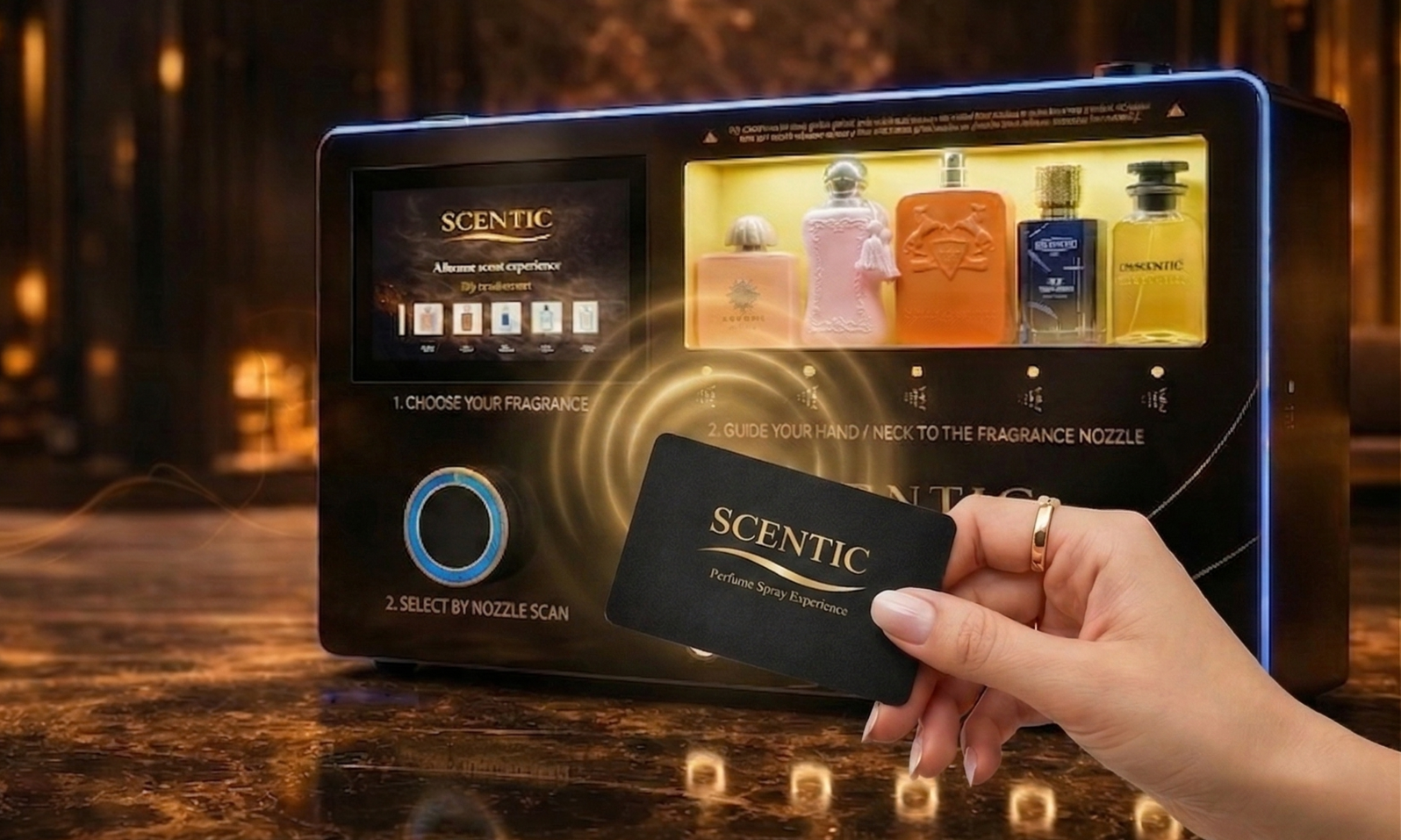 A person holding a black card labeled 'SCENTIC Perfume Spray Experience' in front of a digital perfume vending machine with various fragrance bottles displayed behind a glass panel.