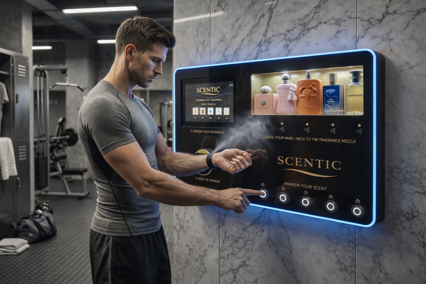 A man in a gym using a scent vending machine that releases perfume or cologne. The machine displays various fragrance options and instructions for choosing and spraying a scent.
