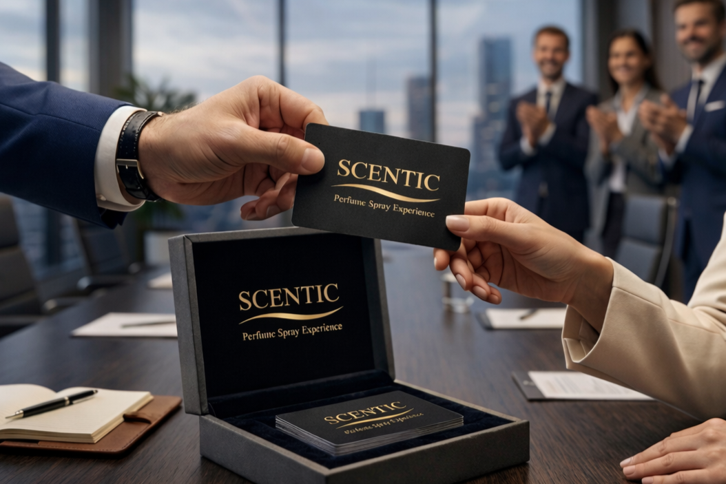 Two people exchanging a business card that says "SCENTIC Perfume Spray Experience" in a conference room with five people clapping in the background.