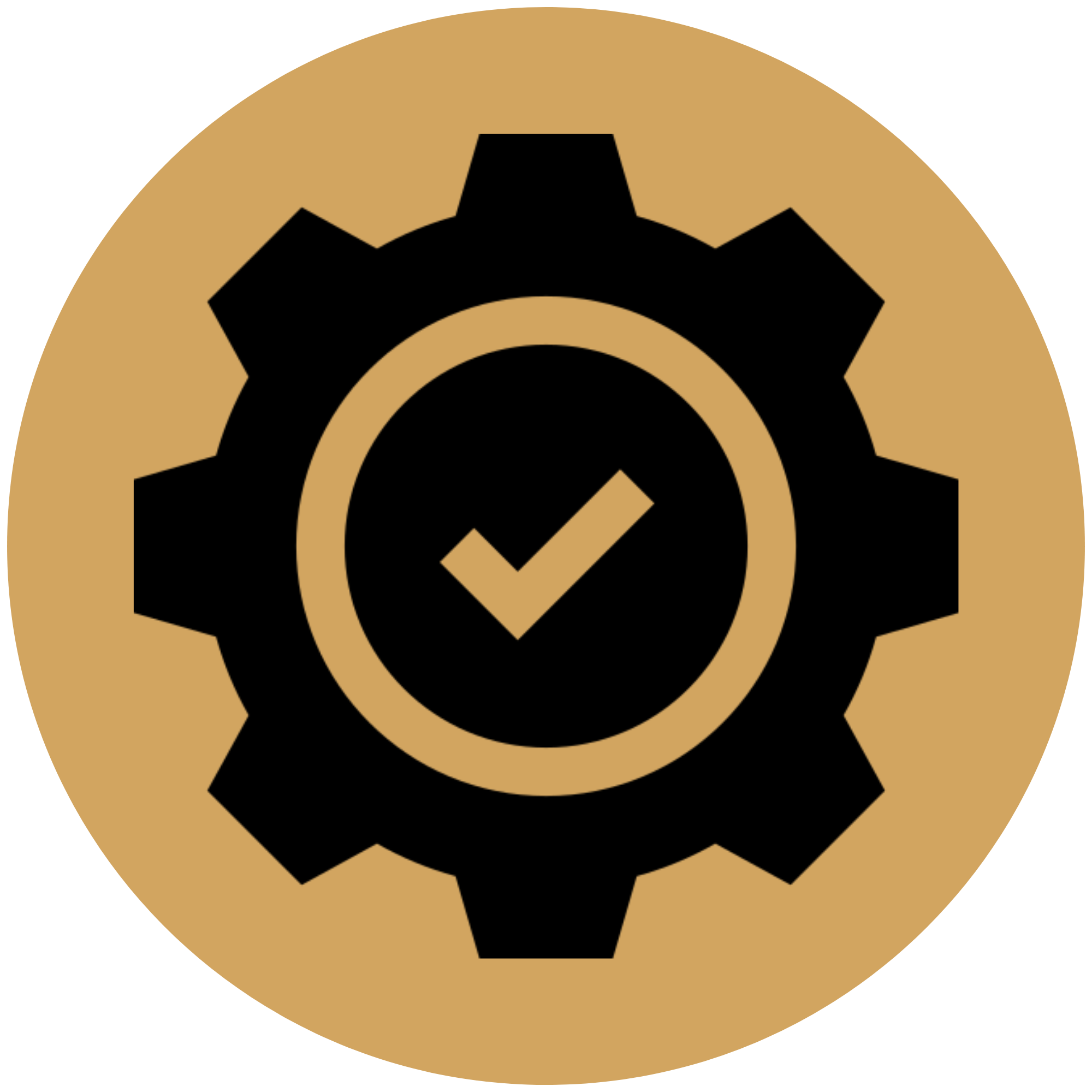 A black gear icon with a checkmark inside a circle in the center, set against a gold circular background.